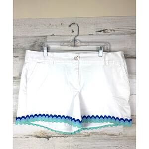 Crown & Ivy Women’s 14 White Blue Boho Lace Hem Chino Cotton‑Blend Shorts